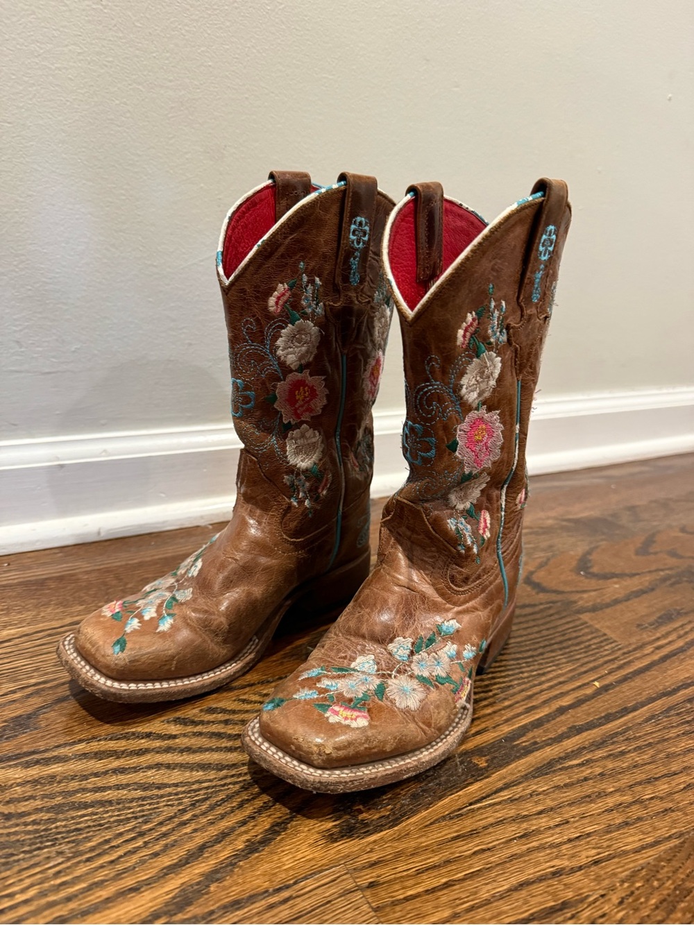 Laredo Brown Leather Kids Western Boots with Pink & Turquoise Embroidery